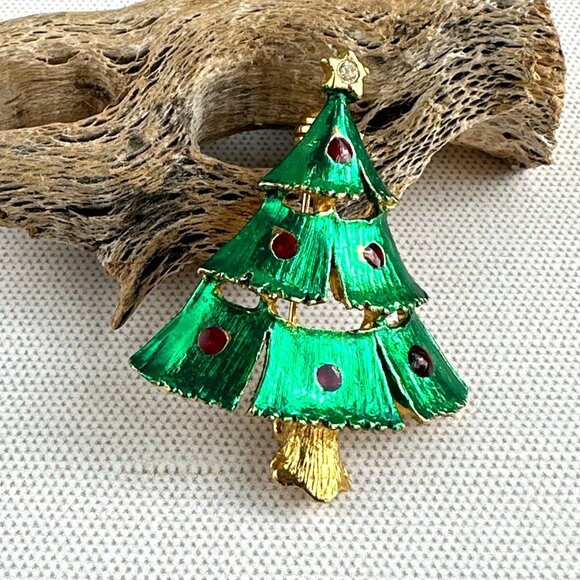 Vintage Christmas Tree Brooch Green & Red Enamel W/ Clear Rhinestone Star Topper - Picture 10 of 11